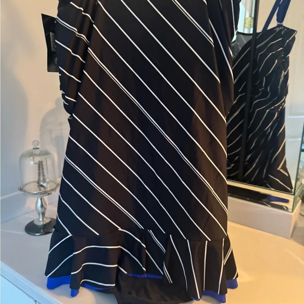 NWT MAZU Swim Striped Black and Blue Swimsuit with skirt US 24W